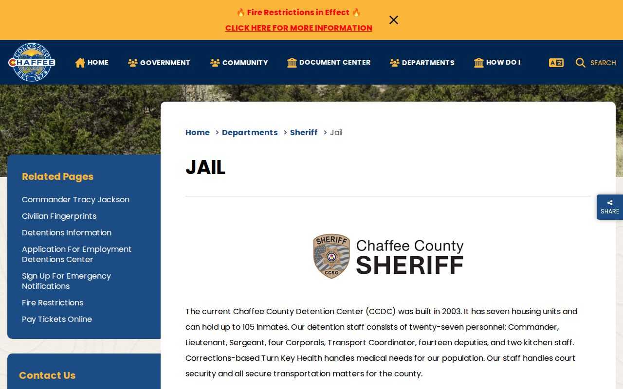 Chaffee County Sheriff's Office jail page for the Chaffee County Detention Center