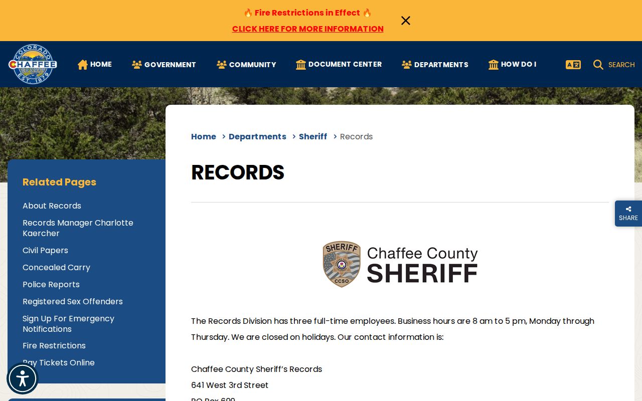 Chaffee County released inmate records sheriff records division